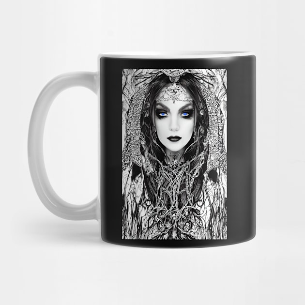 A gorgeous Witch design with electric blue eyes , From the witch collection. Gift mugs, cups, apparel, t-shirts, shirts by Goodies Galore